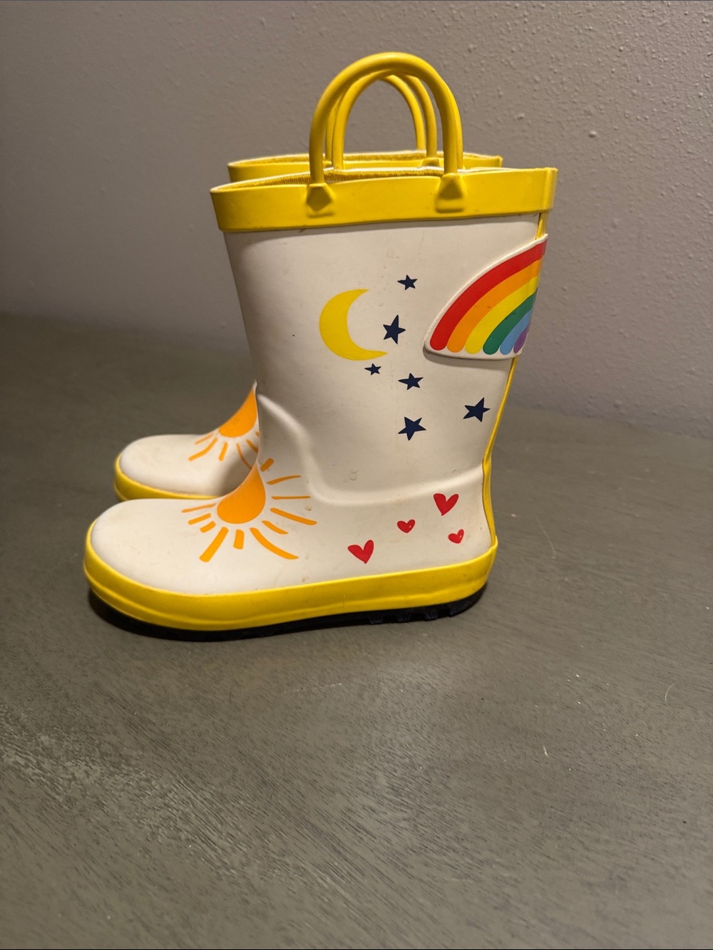 Cat & Jack Kids Yellow & White Rain Boots with Sun and Rainbow Graphics size 12 - Picture 6 of 7